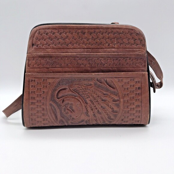 Vintage 60s Artisan Hand Tooled Carved Leather Rose & Indian Shoulder Bag Mexico - Picture 1 of 10